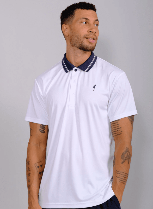 RS Men's Performance Court Polo - Stripled Collar REC (White / Navy)